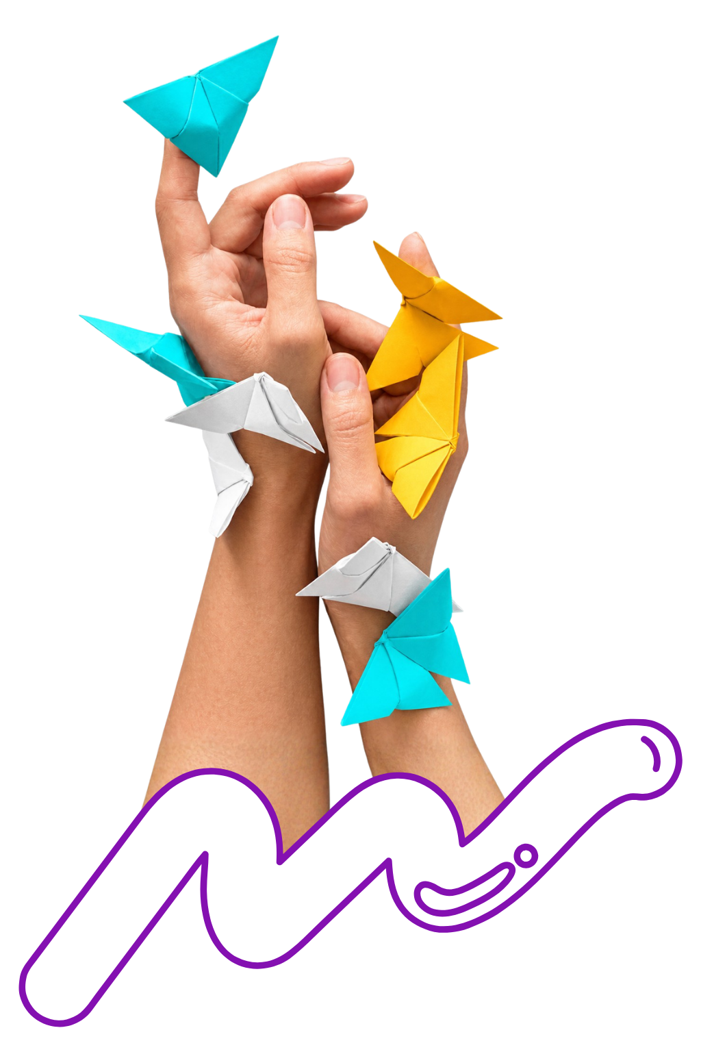 Manos con figuras de origami en cian, ámbar y blanco representando la creatividad e innovación en magiKC